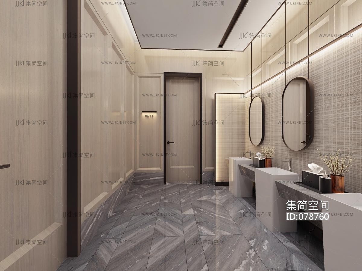 新中式酒店公用卫生间，立柱式洗手台，台上盆3d模型下载