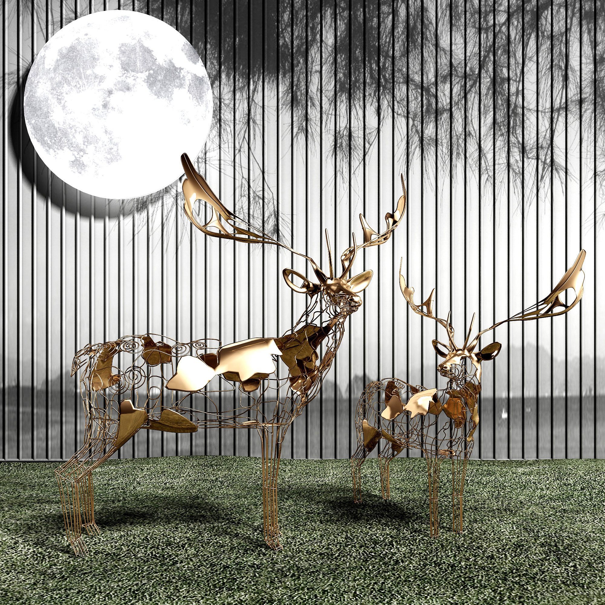 梅花鹿小鹿，金属镂空雕塑 3d模型下载