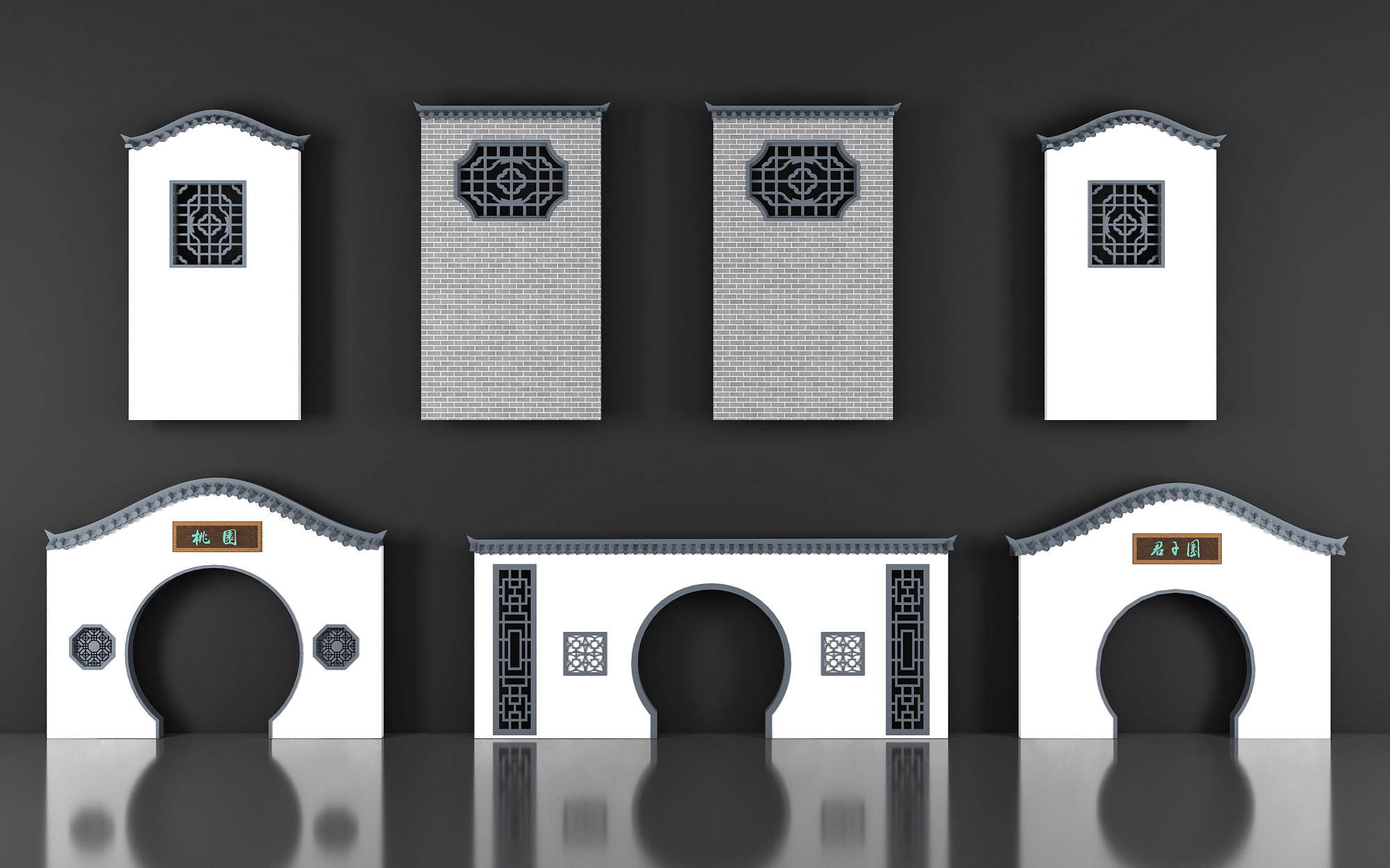 新中式围墙，院墙，月亮门，3d模型下载