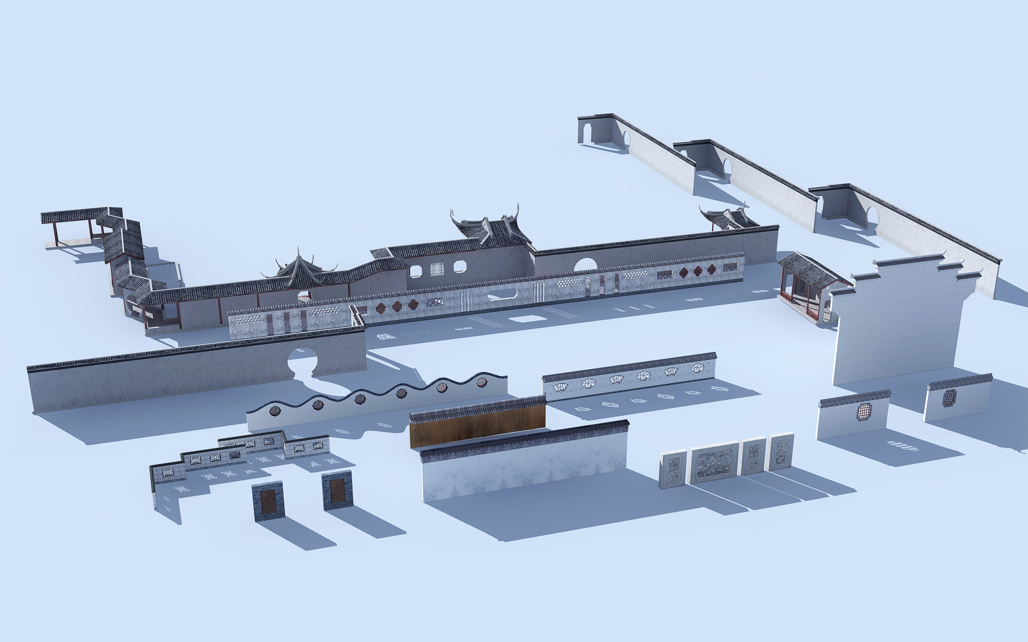 中式徽派建筑围墙 3d模型下载