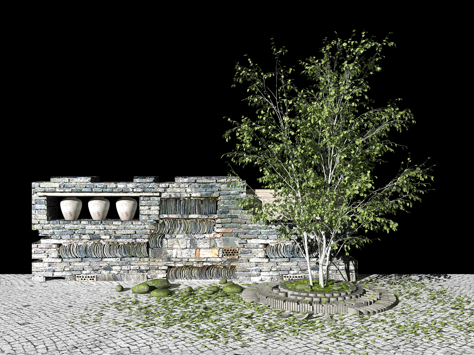景观树残破院墙围墙 3d模型下载