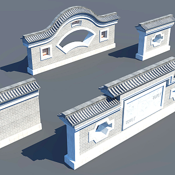 中式古建院墙围墙， 3d模型下载