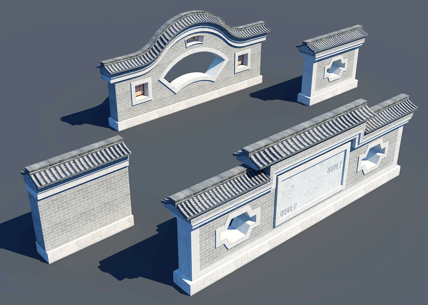 中式古建院墙围墙， 3d模型下载