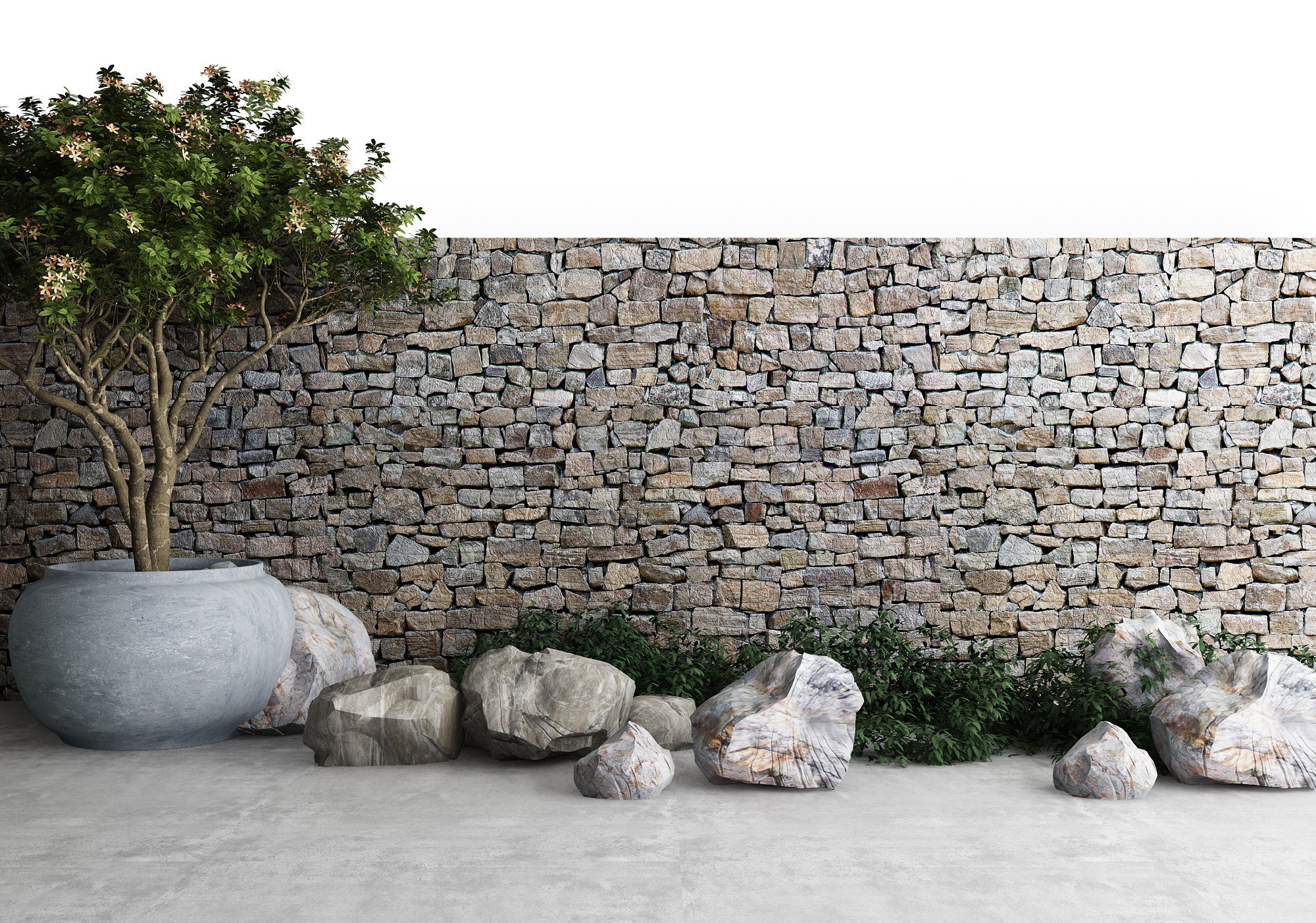 石头墙院墙围墙， 3d模型下载