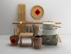 中式乡村，农家乐，农具，编织箩筐 3d模型下载
