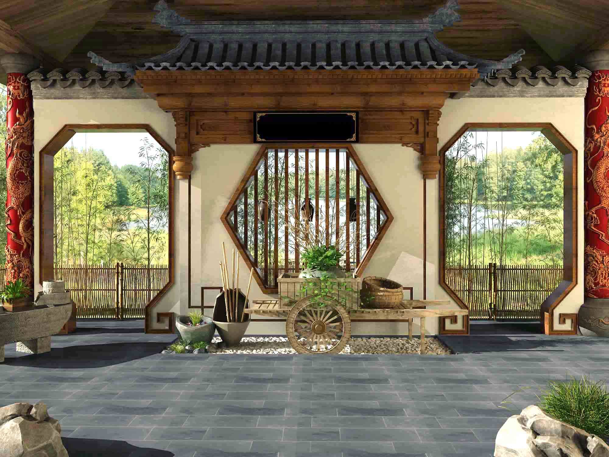 新中式古建筑屋檐木栅栏，农家乐3d模型下载