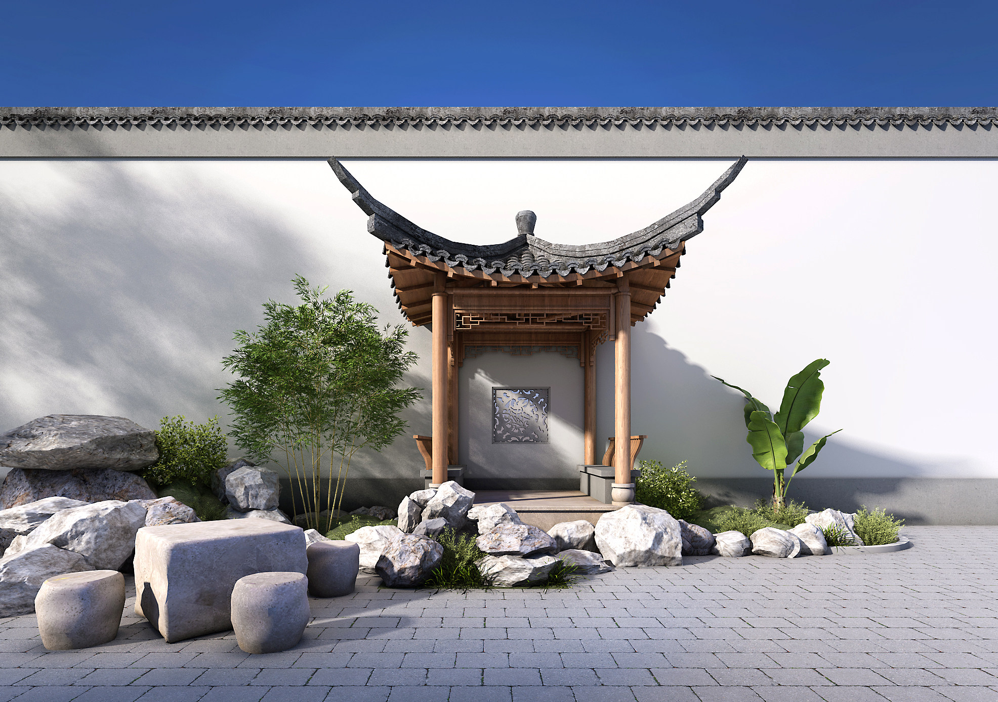 中式韩式古建凉亭，院墙， 3d模型下载