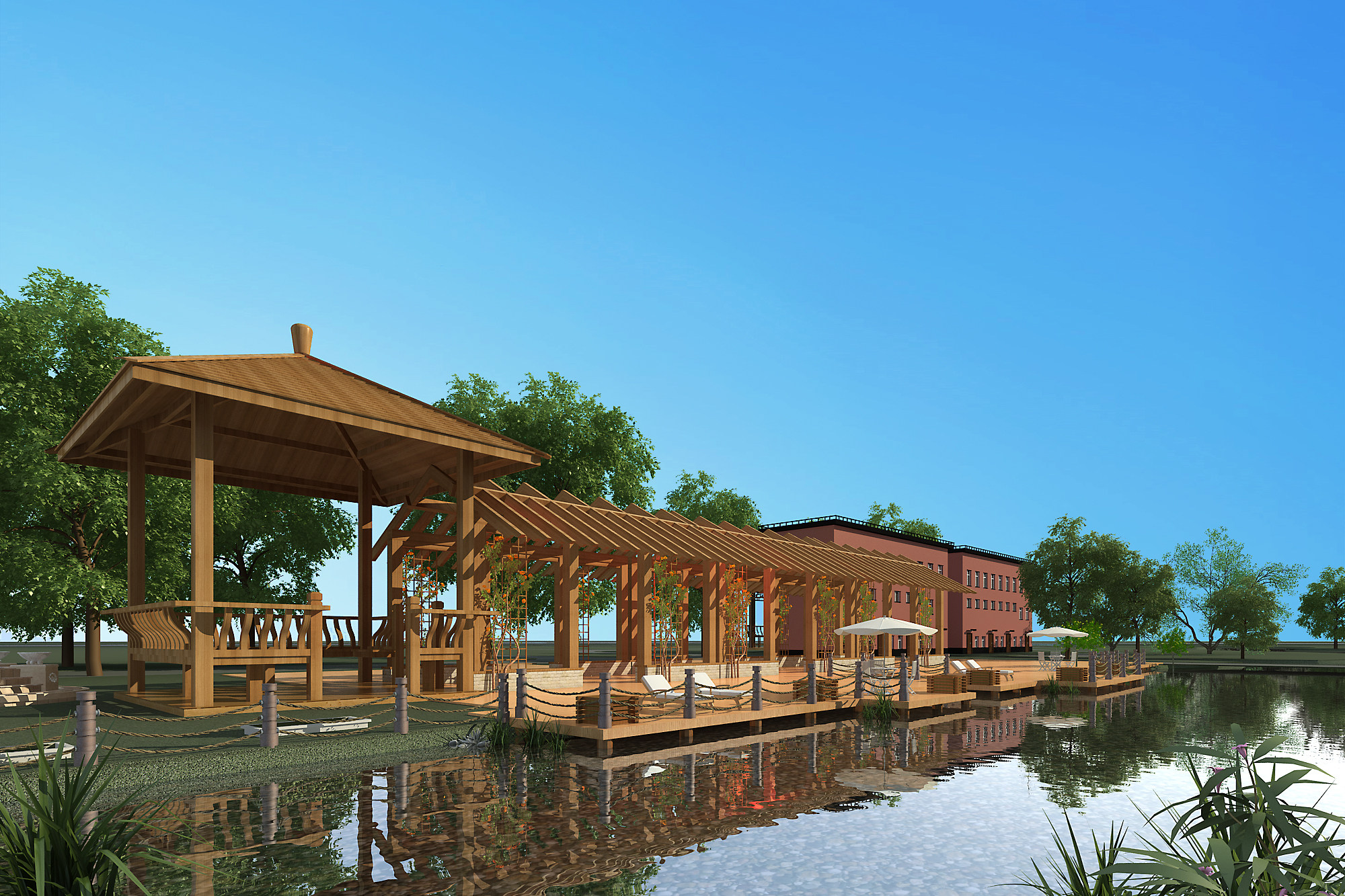 中式公园景观湖景，凉亭 3d模型下载