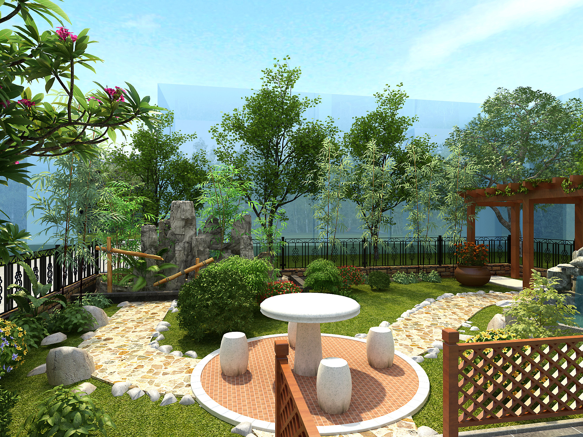 新中式庭院景观，是桌椅凳子 3d模型下载