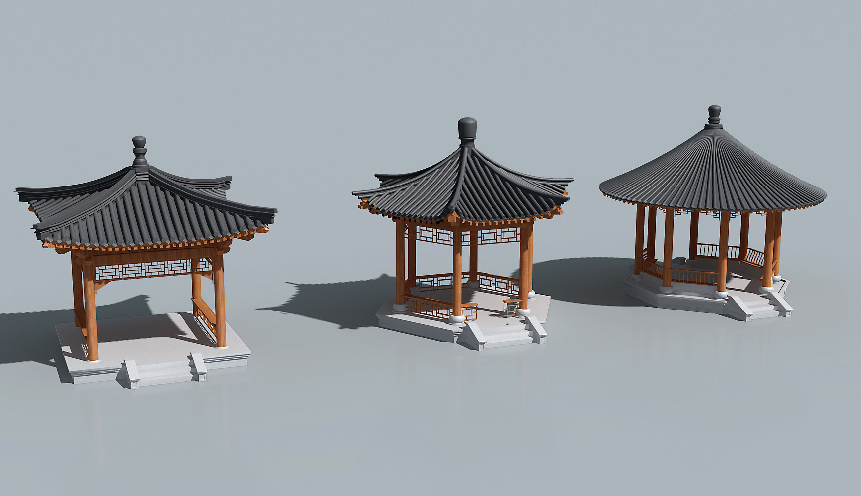 中式古建圆形六角凉亭，亭子3d模型下载