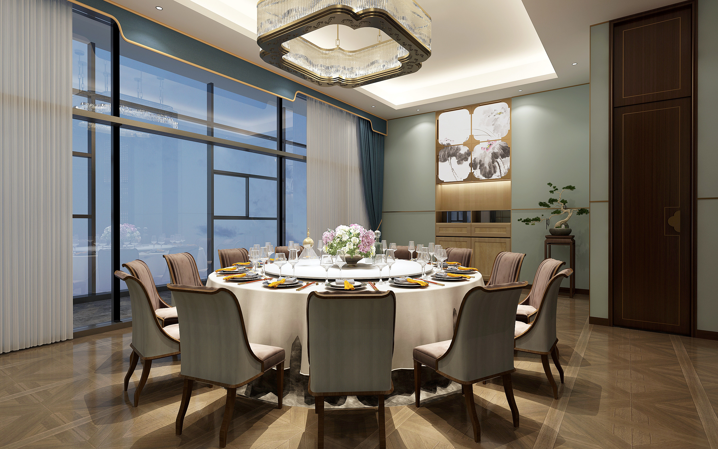 新中式餐厅包间包房，餐桌椅3d模型下载