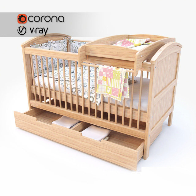 现代实木摇篮儿童床婴儿床3d模型下载