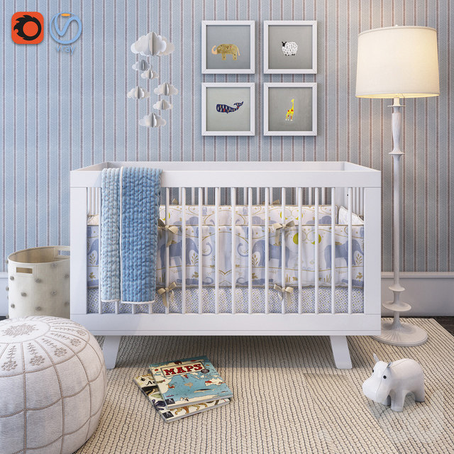 现代儿童婴儿床摇篮窗幔装饰画3d模型下载