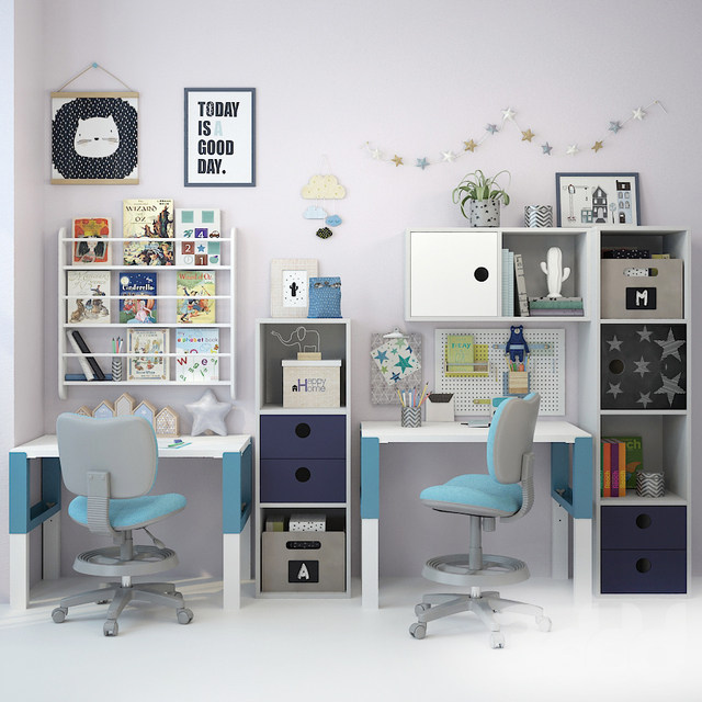 现代儿童房学习桌，书桌，写字台，书柜墙饰挂饰挂件3d模型下载