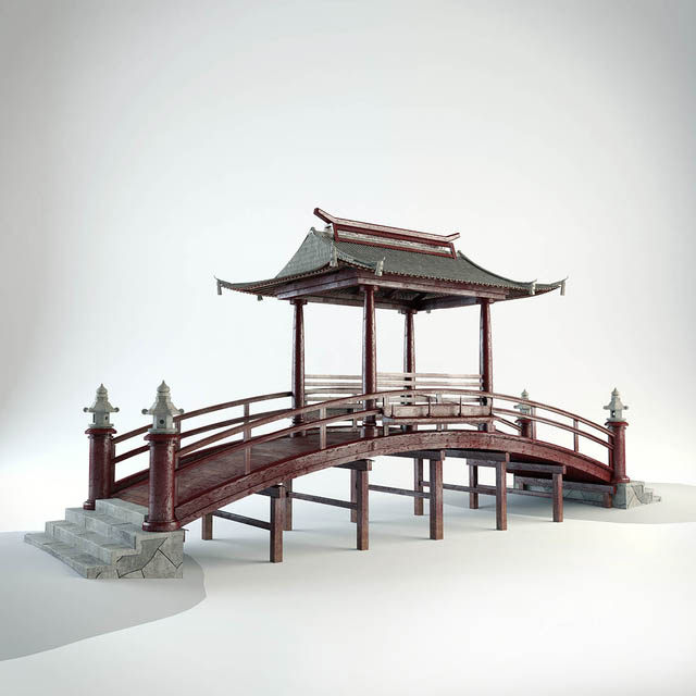 中式古建凉亭木拱桥3d模型下载