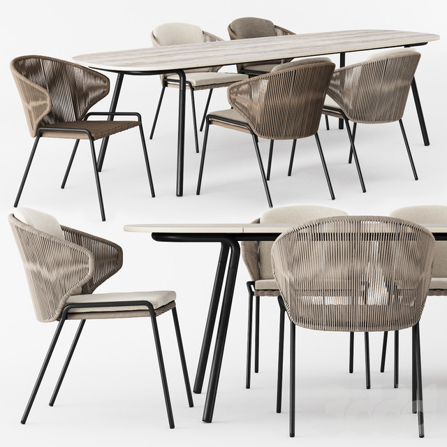 东南亚新新中式藤编餐桌椅，户外餐桌椅3d模型下载