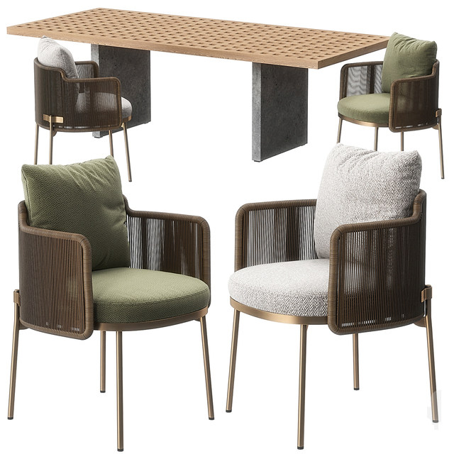 东南亚新新中式藤编餐桌椅，户外餐桌椅3d模型下载