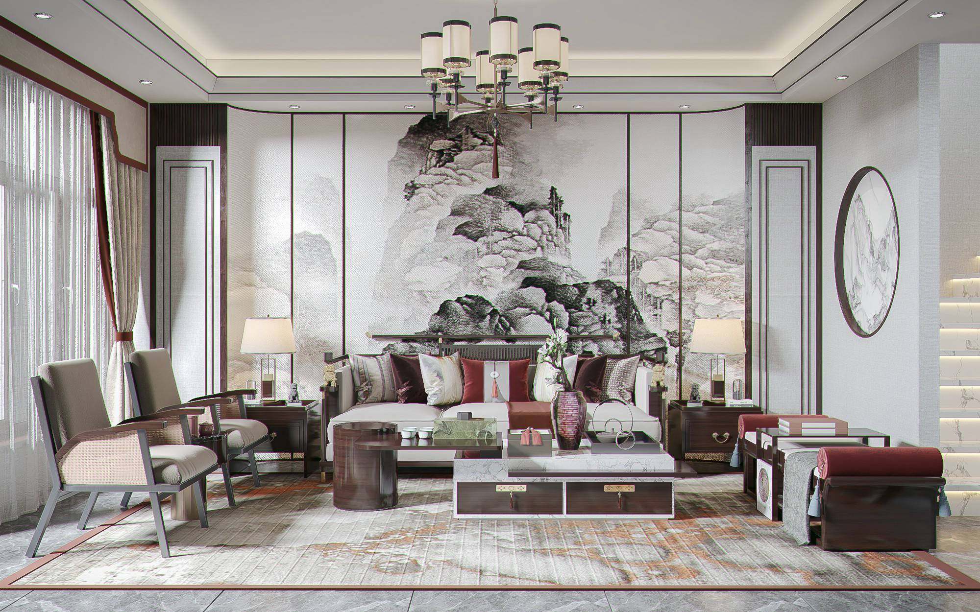 新中式风格样板间客厅，餐厅沙发茶几摆件背景墙 3d模型下载