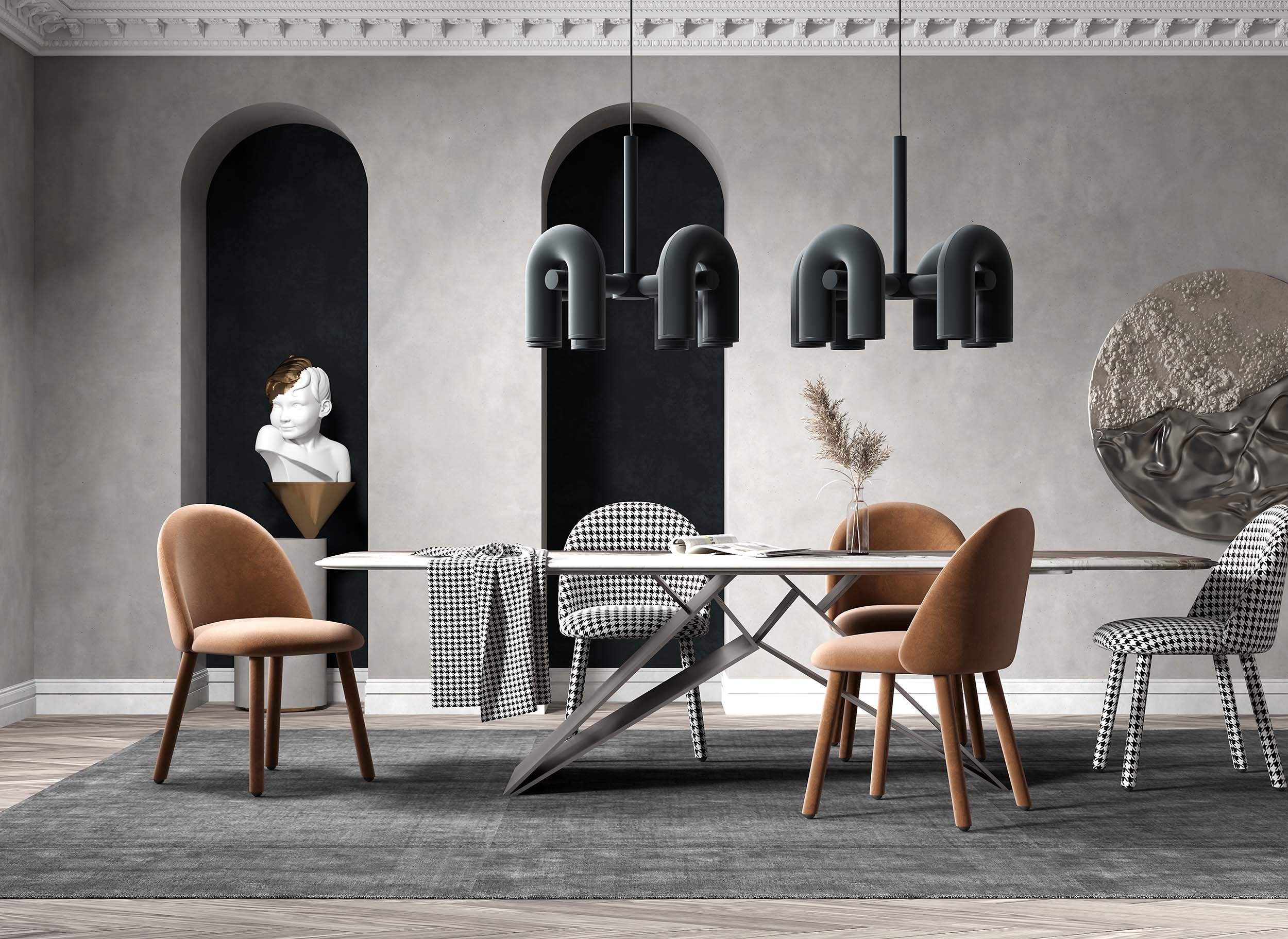 北欧现代轻奢餐厅，餐桌椅，长条桌吊灯 3d模型下载