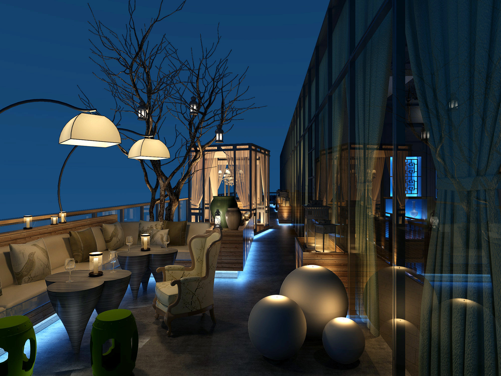 新中式露台，景观阳台，花园 3d模型下载