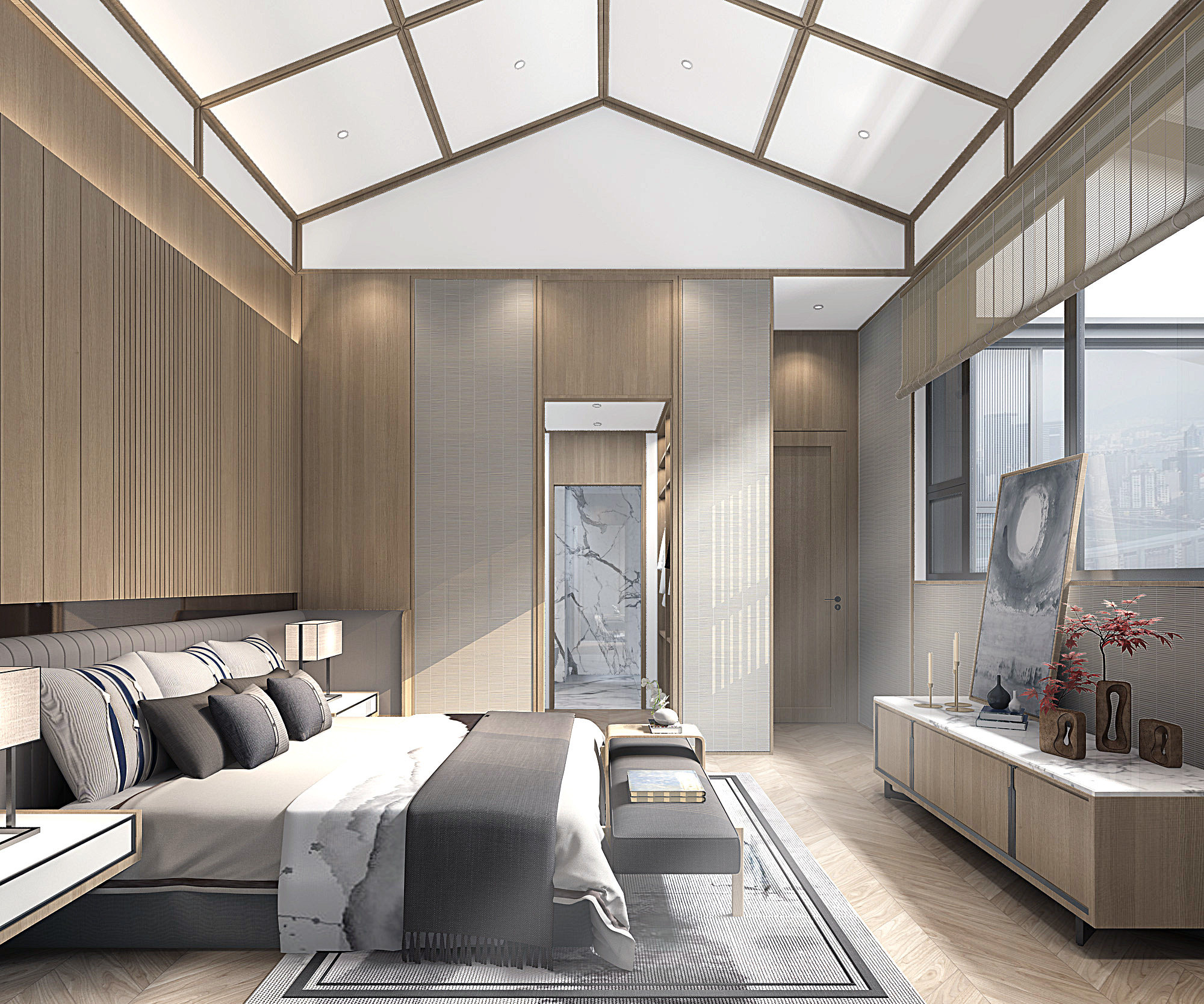 新中式卧室老人房，双人床 3d模型下载