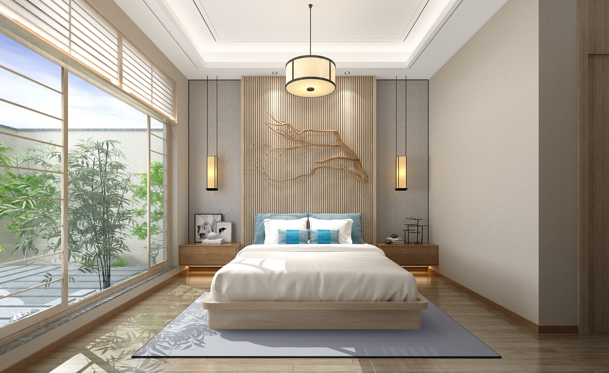 新中式，卧室客房双人床，干支3d模型下载