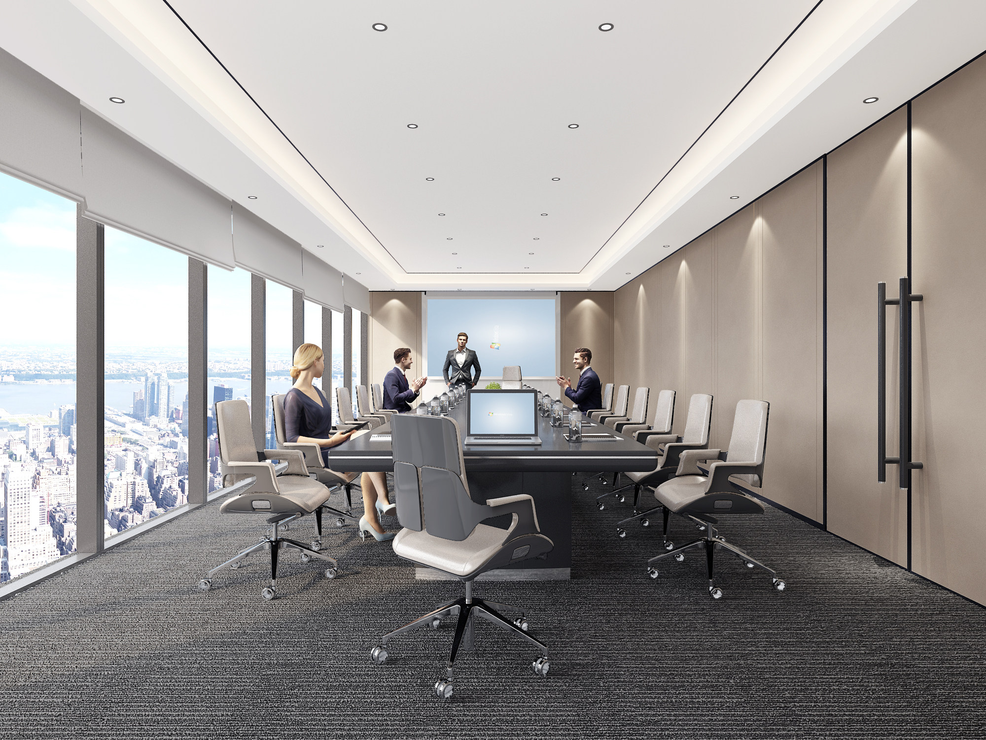大视频会议室，会议桌椅人物 3d模型下载