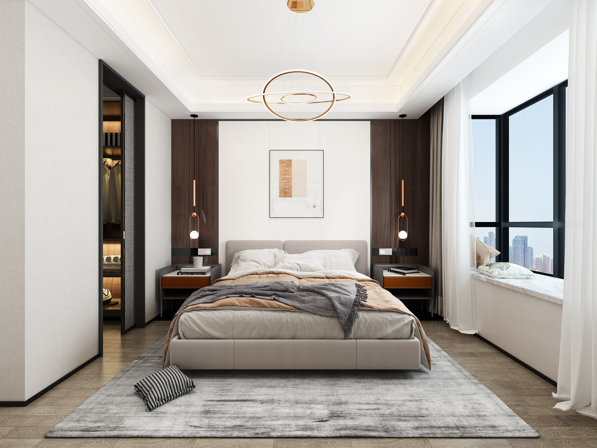 北欧现代卧室,床品模型，双人床3d模型下载