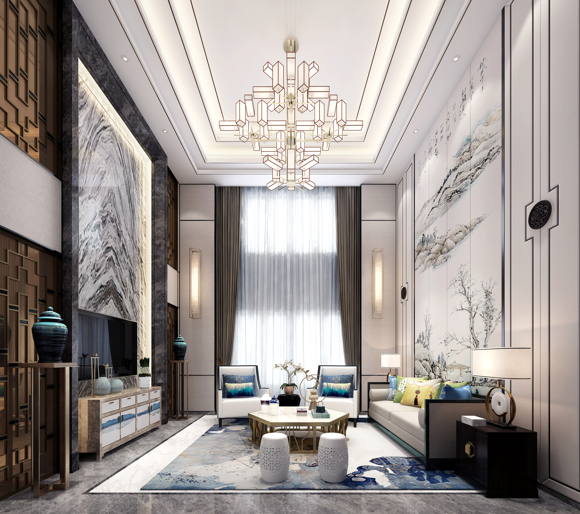 新中式别墅客厅，沙发茶几3d模型下载