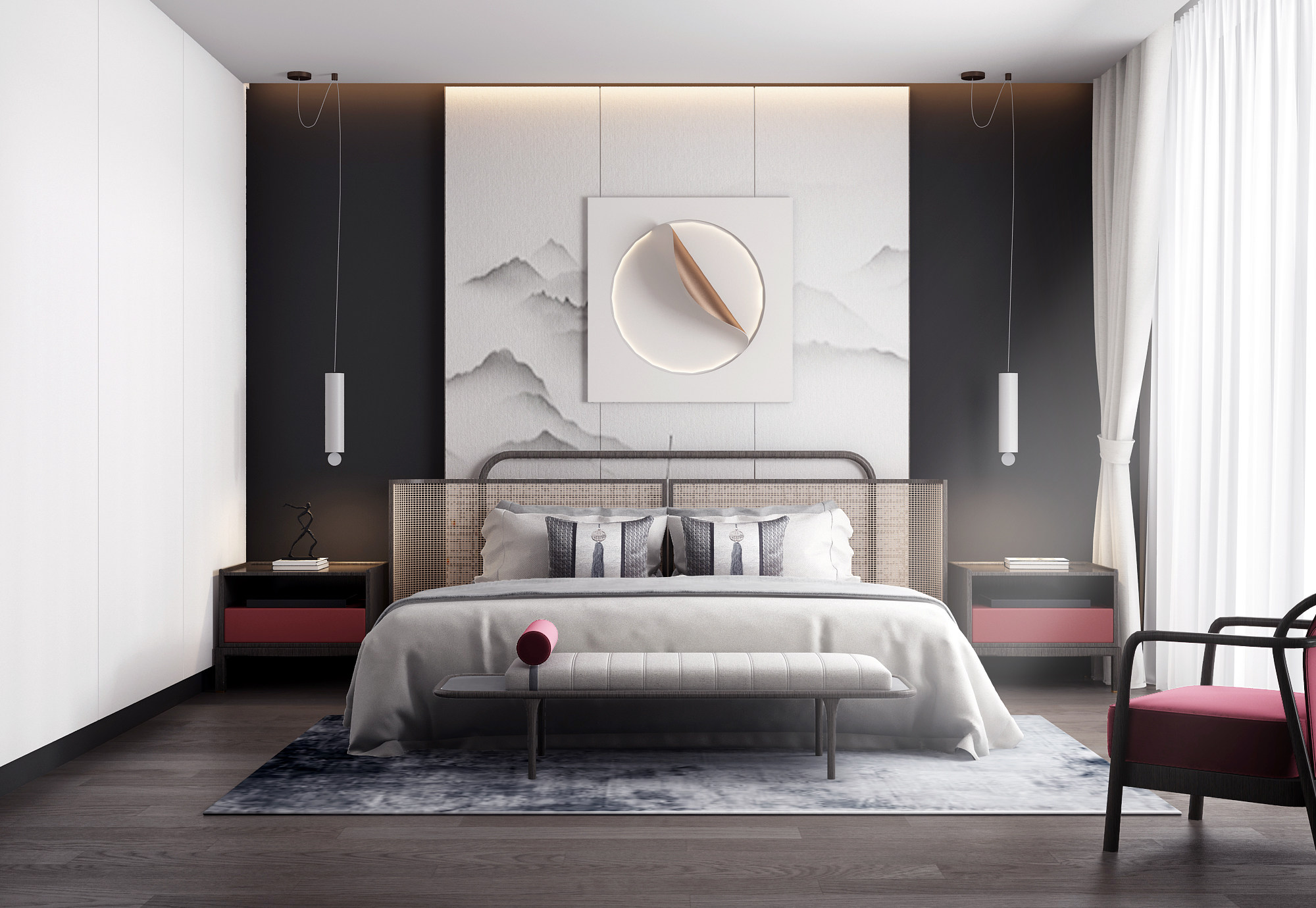 新中式样板间卧室，双人床床头柜3d模型下载
