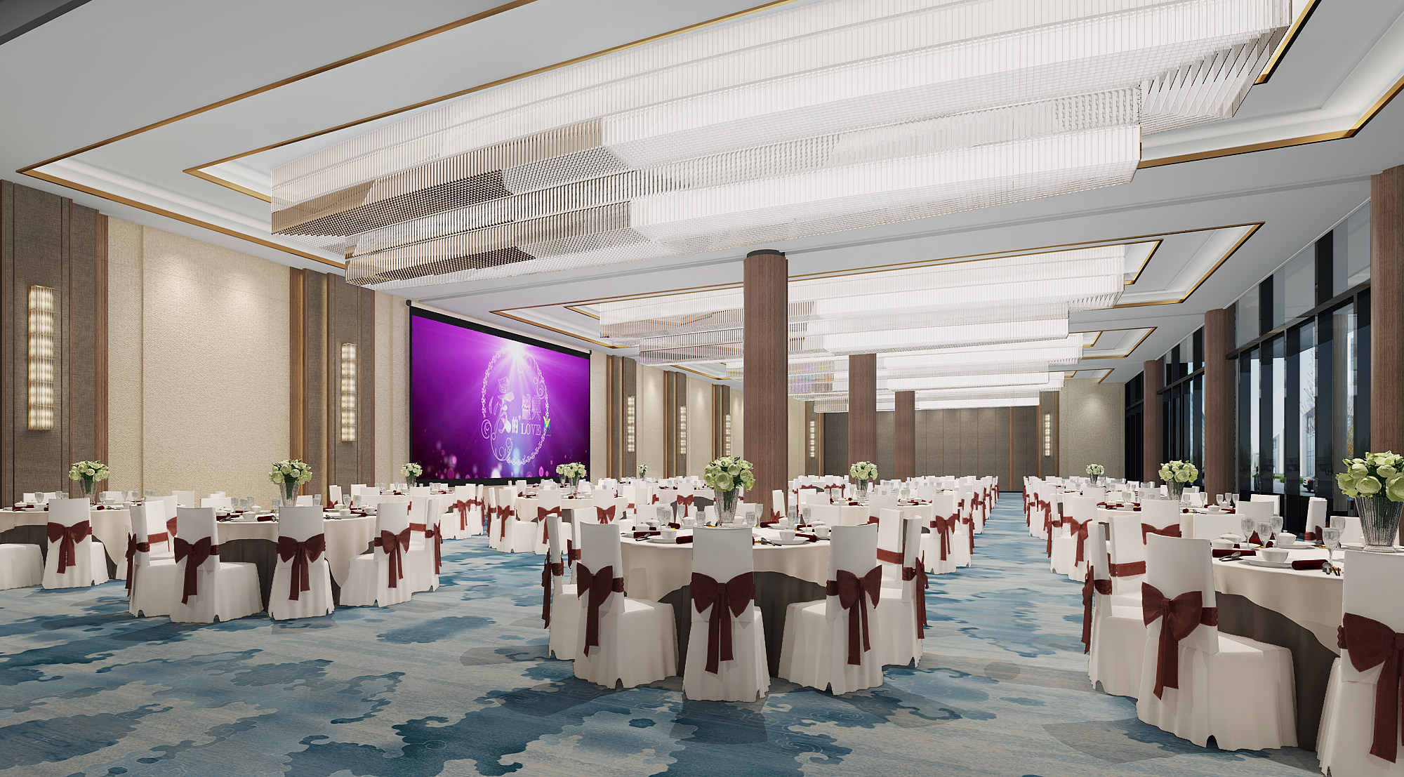 新中式现代酒店宴会厅，宴会桌椅3d模型下载