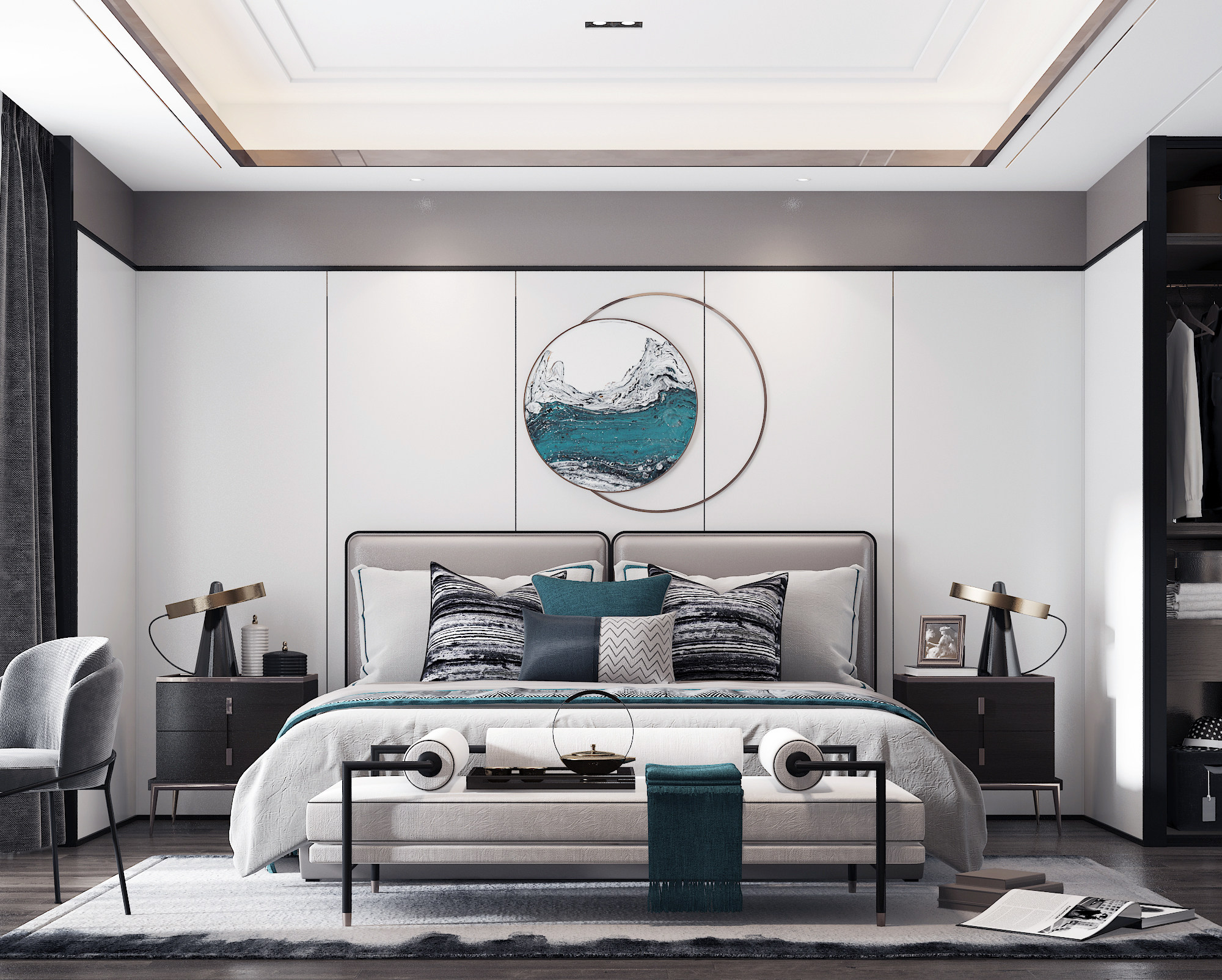 新中式主卧室，双人床 3d模型下载