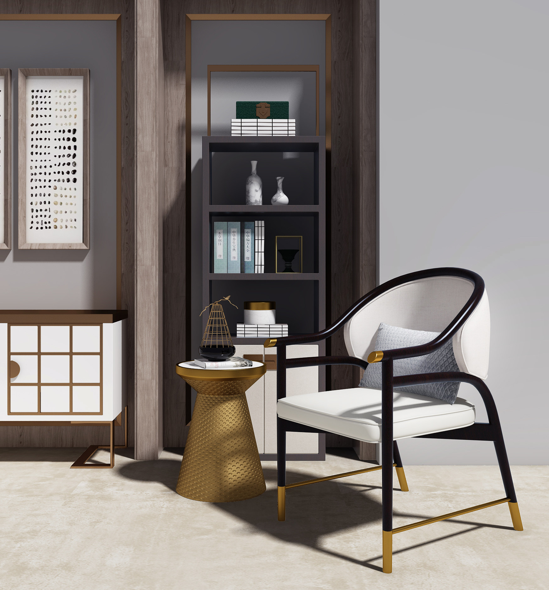 新中式休闲椅子，书柜 3d模型下载