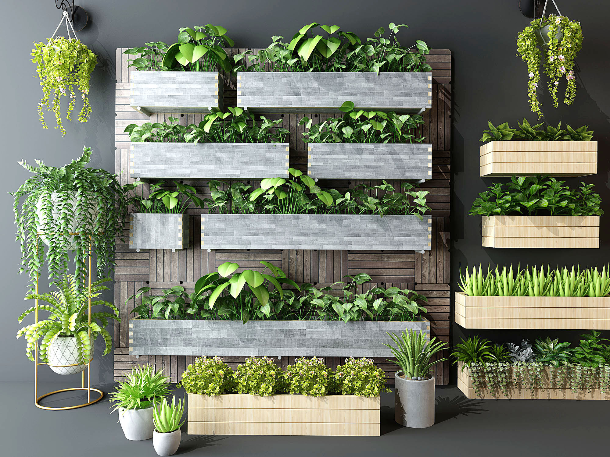 现代阳台户外绿植，植物木花槽，吊篮3d模型下载