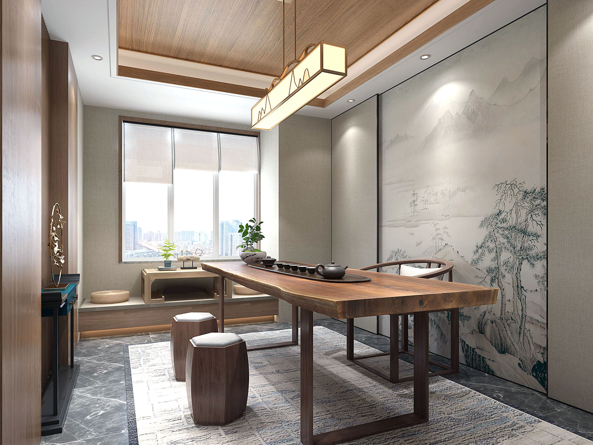 新中式茶室，原木实木大板茶桌吊灯3d模型下载