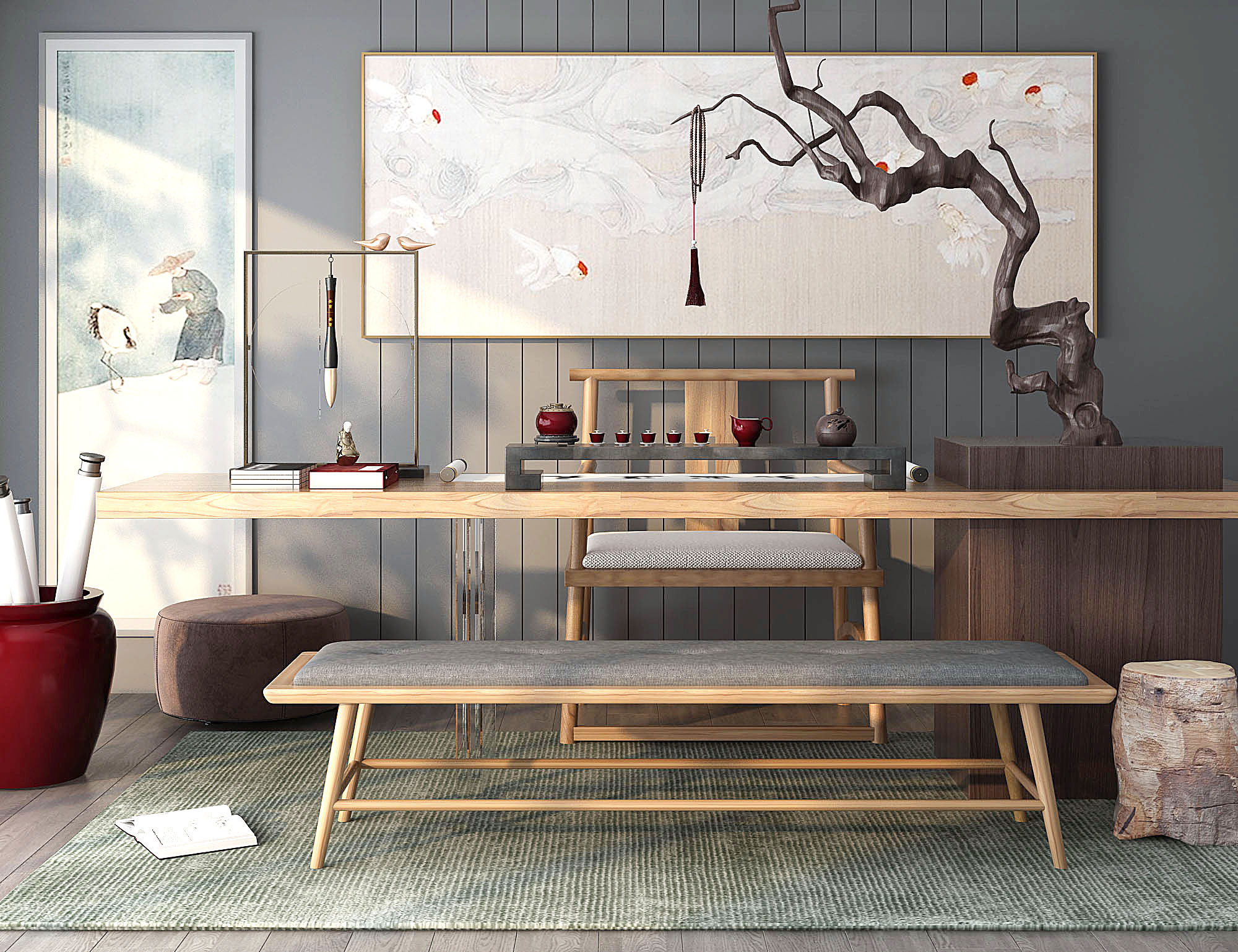 新中式茶台，茶桌椅，书桌椅 3d模型下载