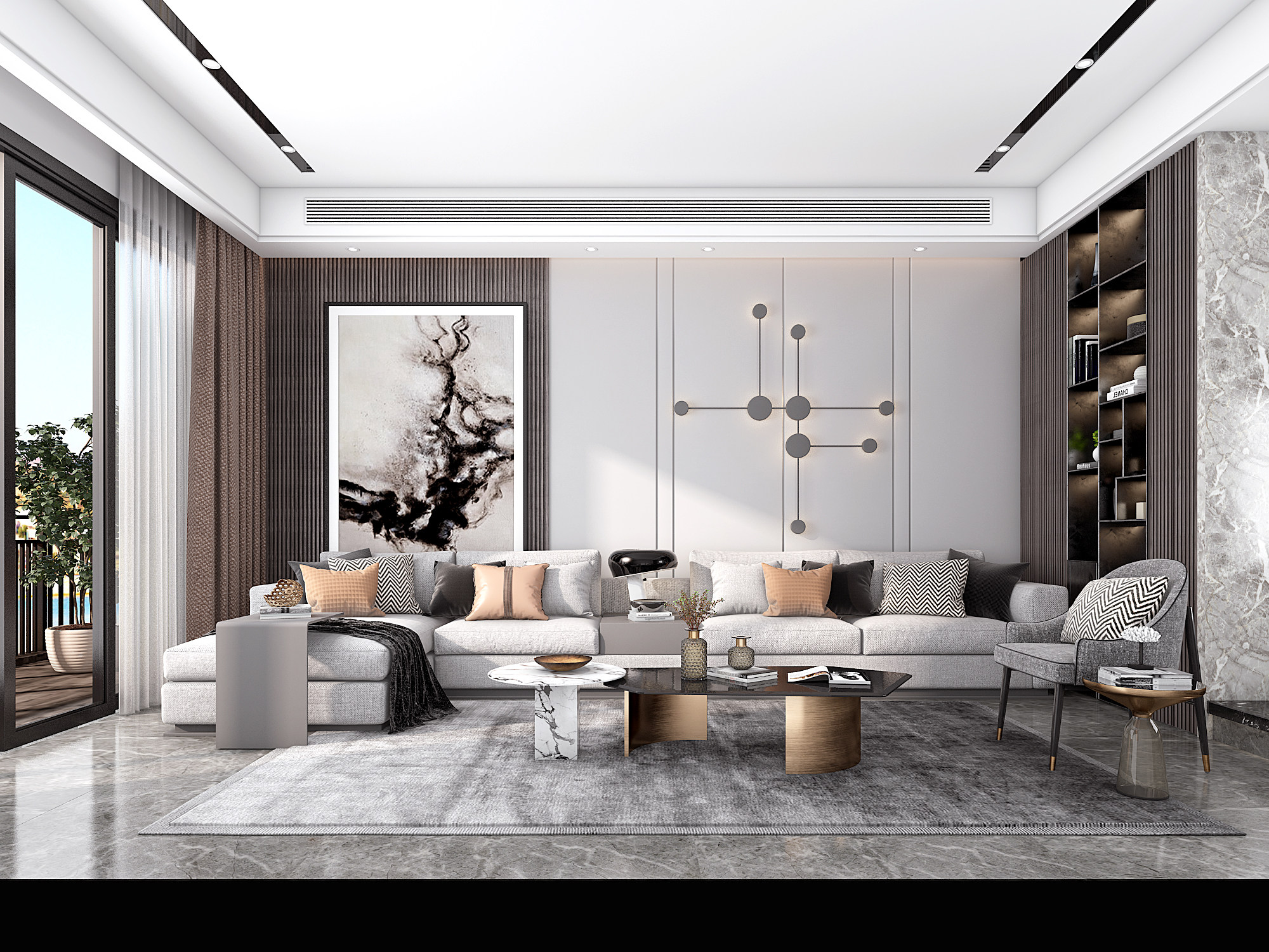 现代样板间客厅，转角沙发，茶几3d模型下载