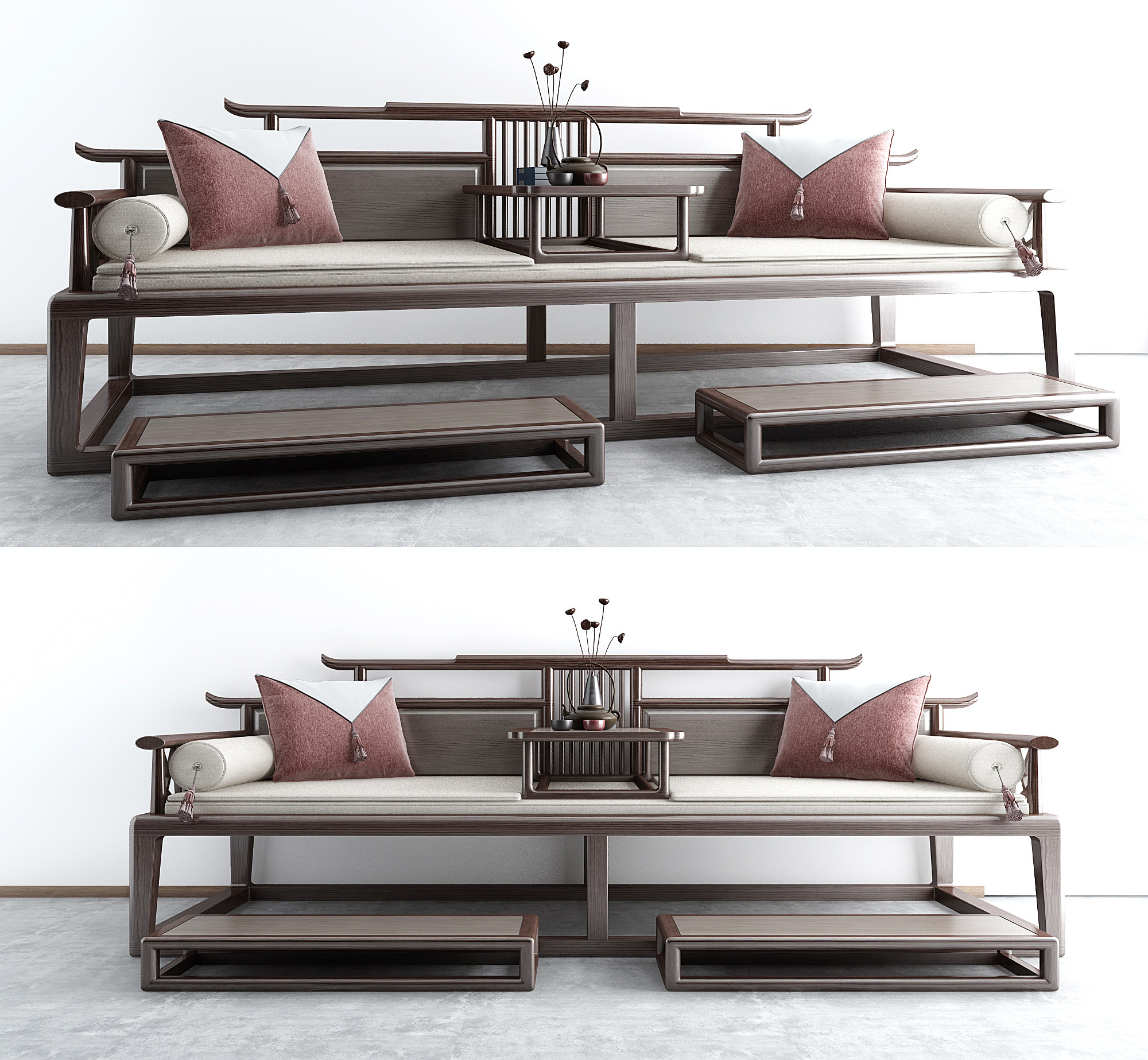 新古典中式古典实木沙发，罗汉床桌几3d模型下载
