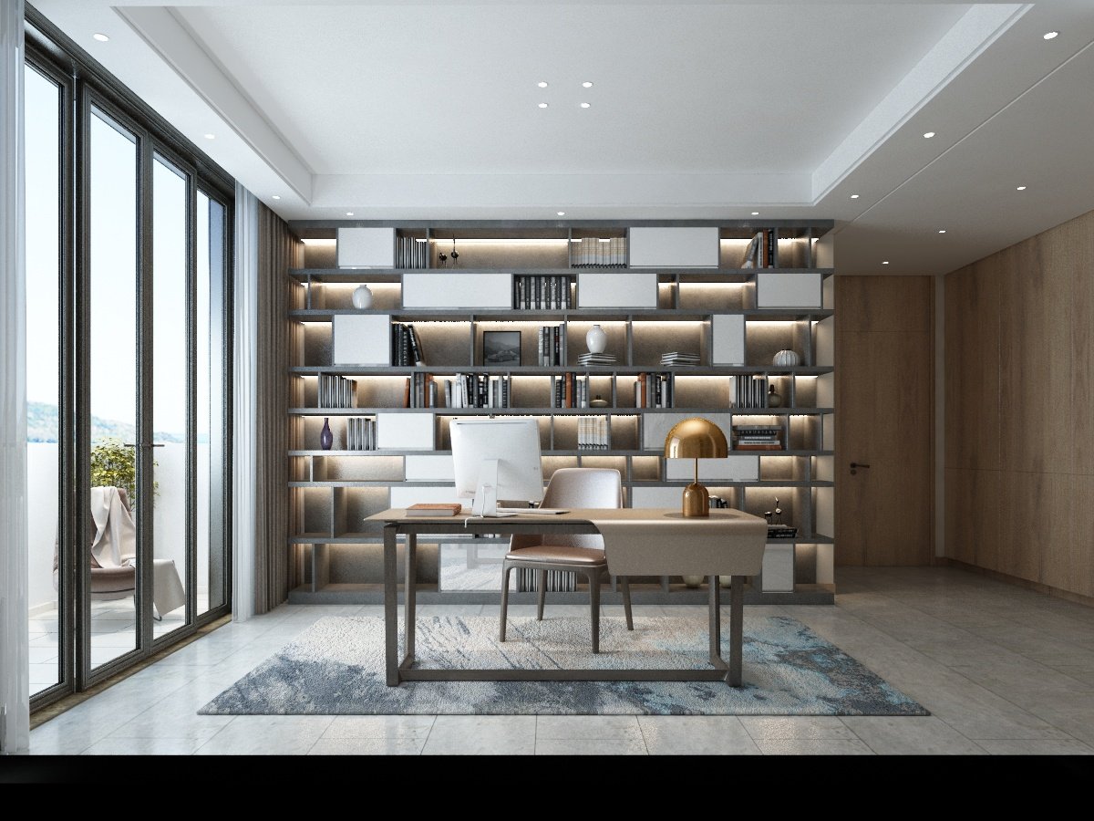 现代新中式书房，书桌椅组合3d模型下载