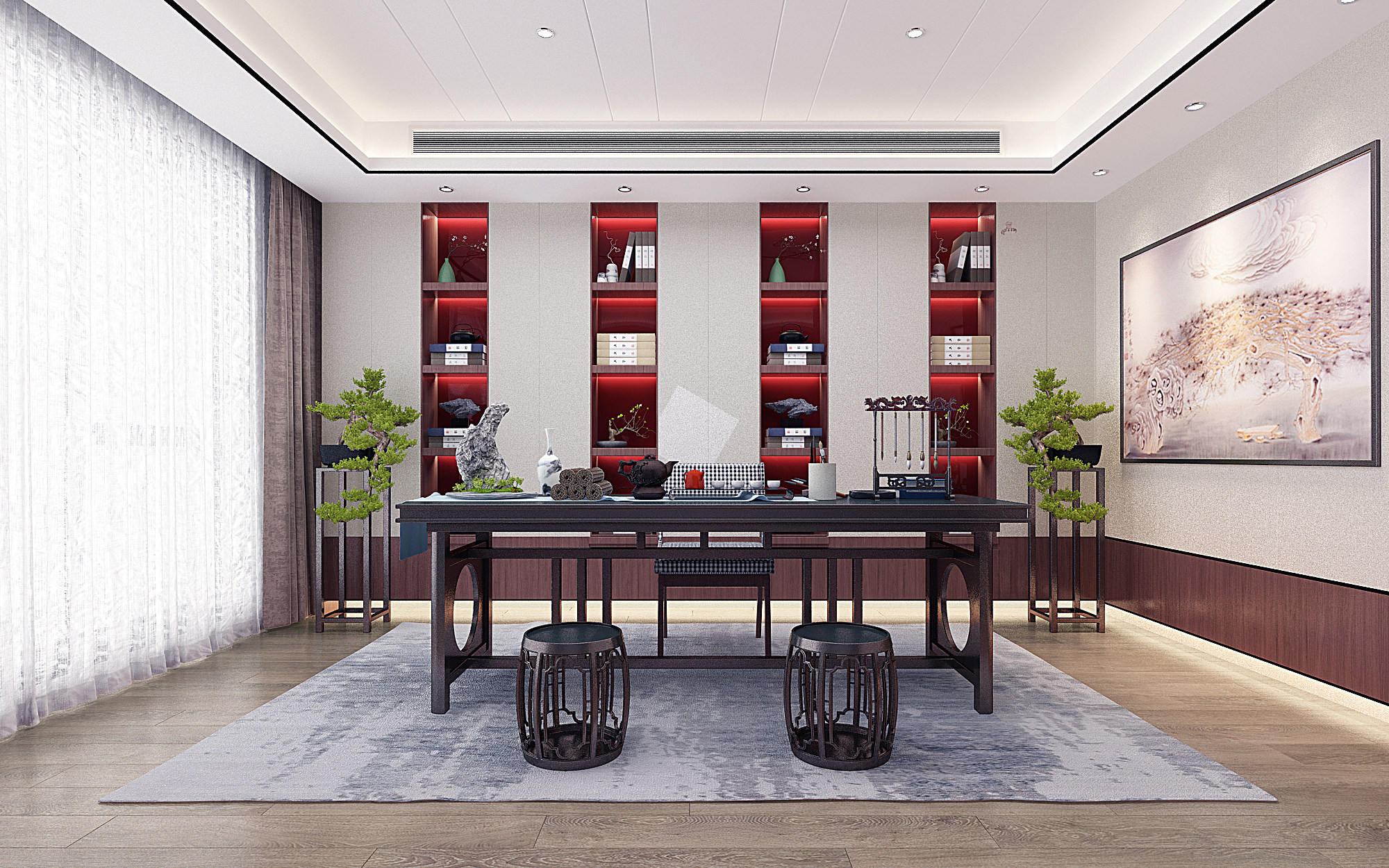 新中式书房，古典实木书桌椅，花架盆景摆台3d模型下载