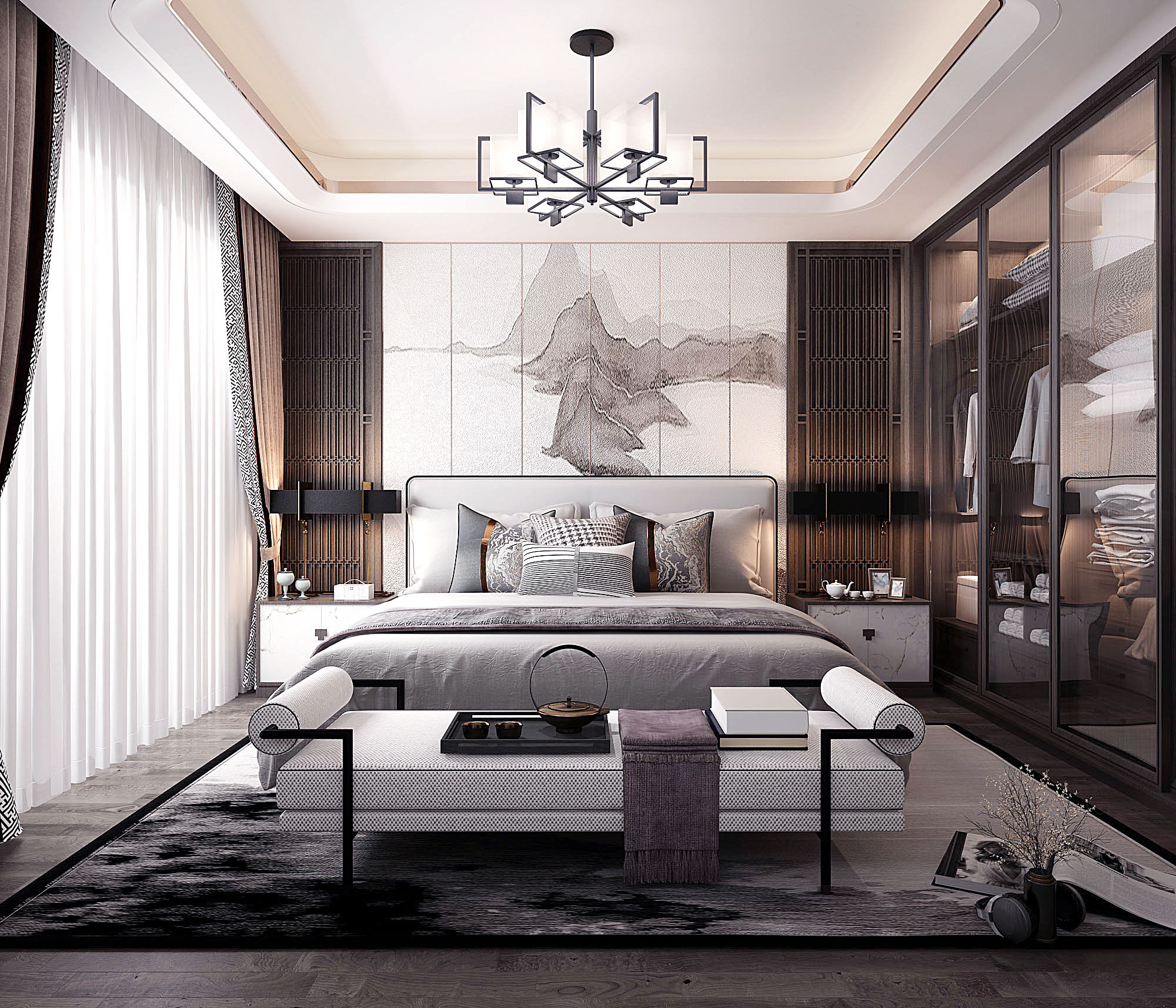 新中式卧室主人房，双人床 3d模型下载