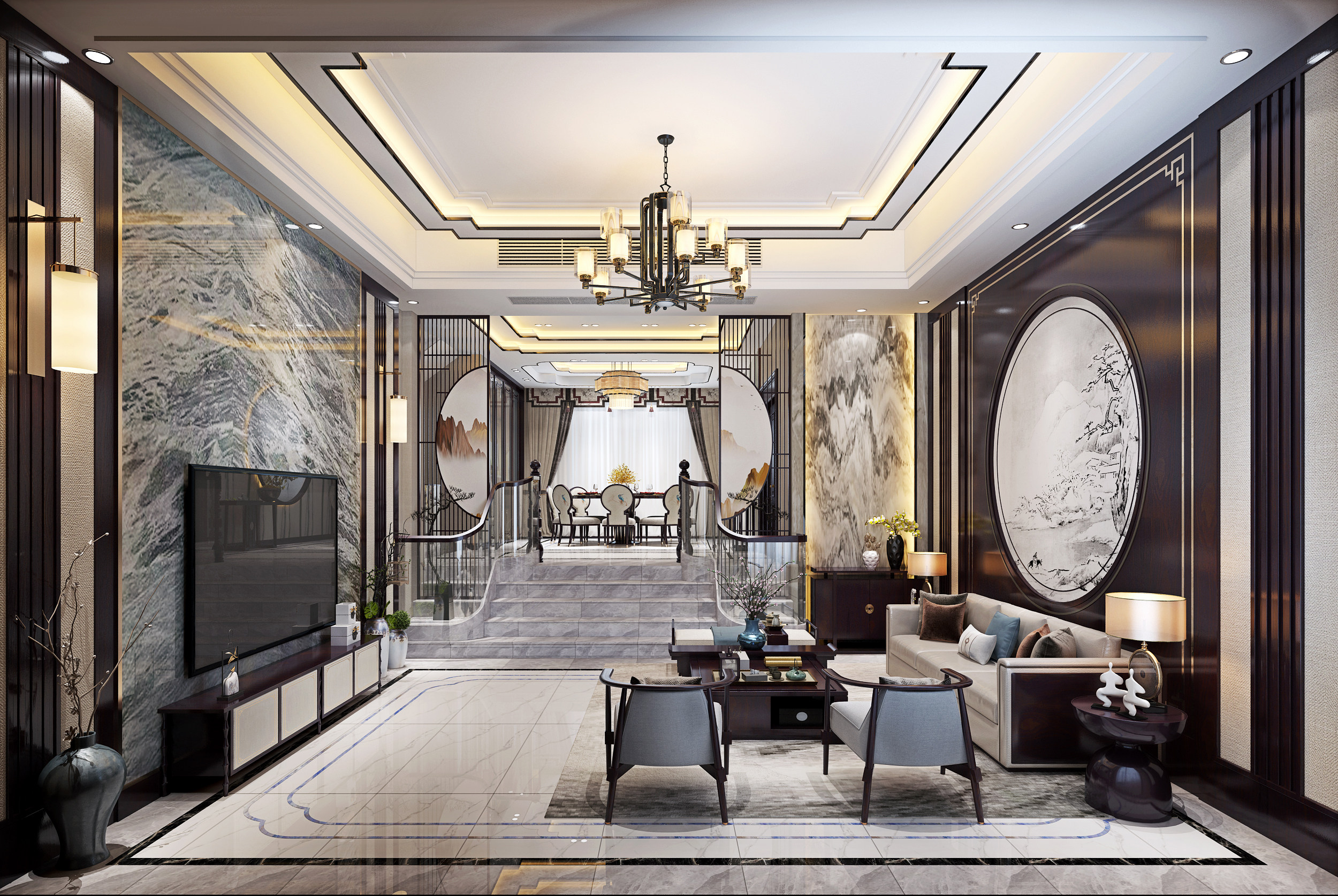 新中式别墅客餐厅，餐桌椅，沙发3d模型下载