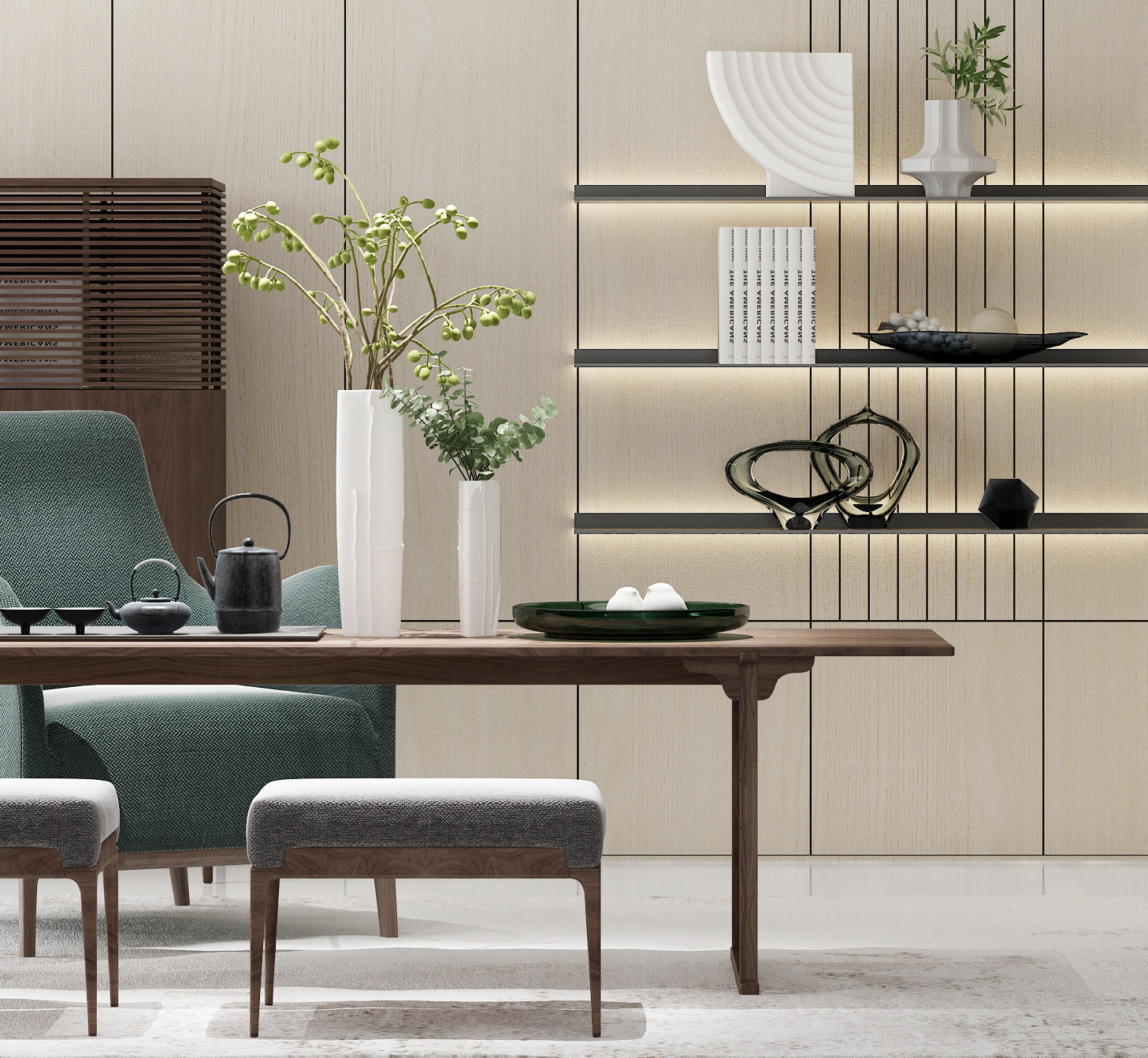 新中式茶室，书房茶桌椅子 3d模型下载