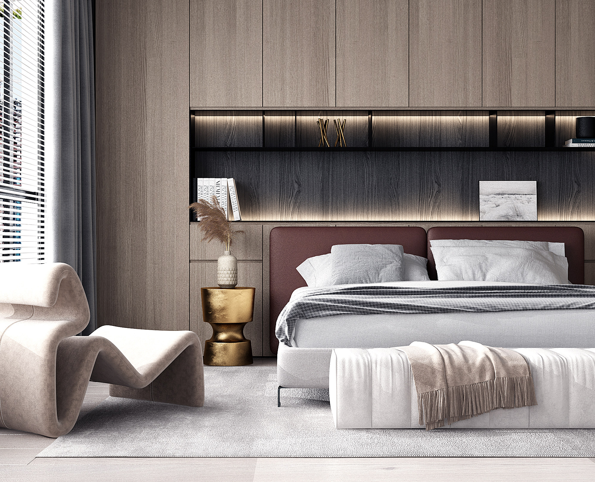轻奢卧室，双人床，异形单人沙发3d模型下载