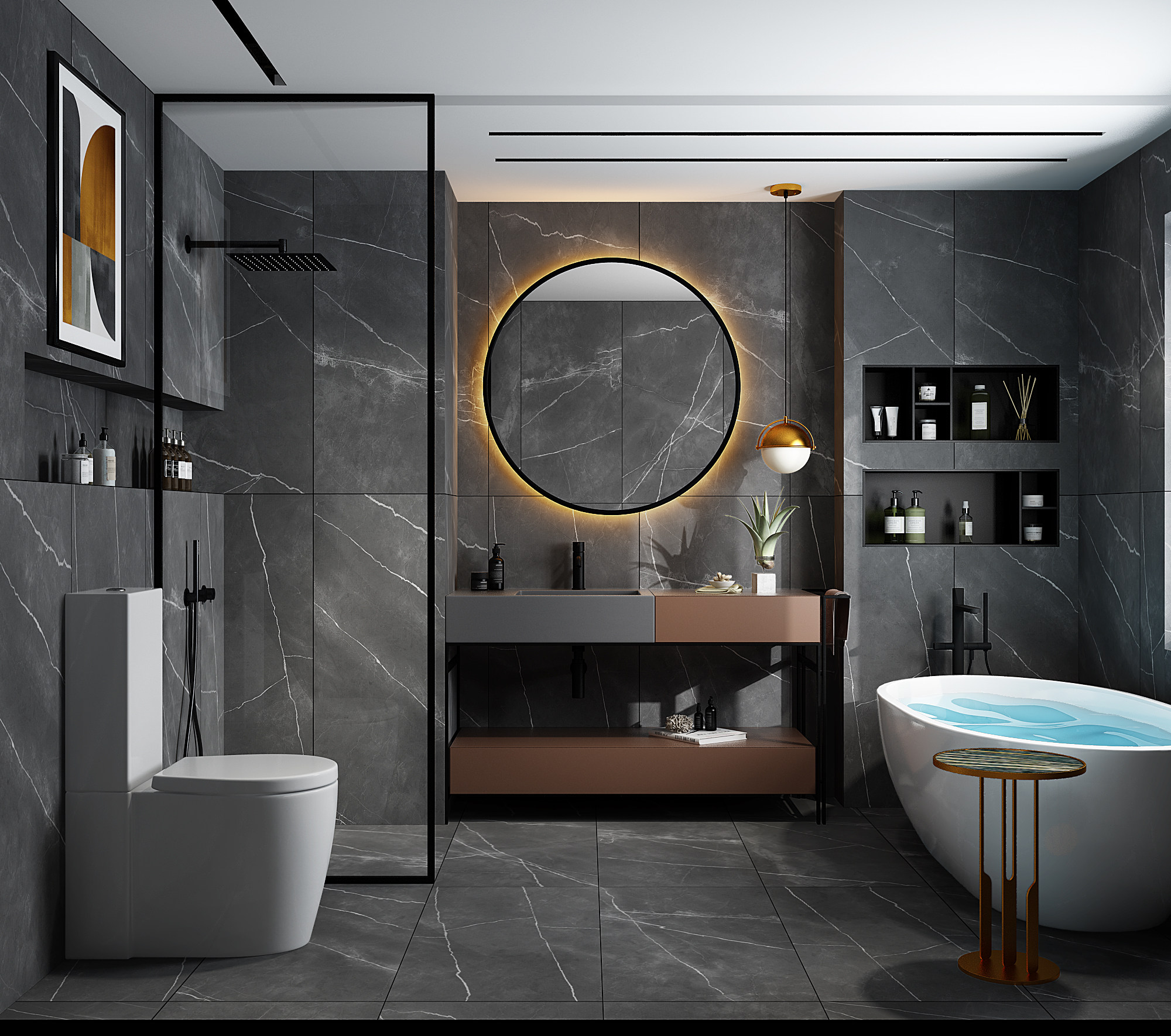 现代卫生间浴室，洗手台浴缸，洗漱用品3d模型下载