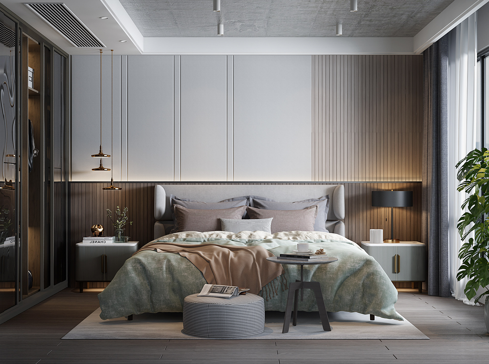 现代轻奢卧室，双人床，床头柜3d模型下载