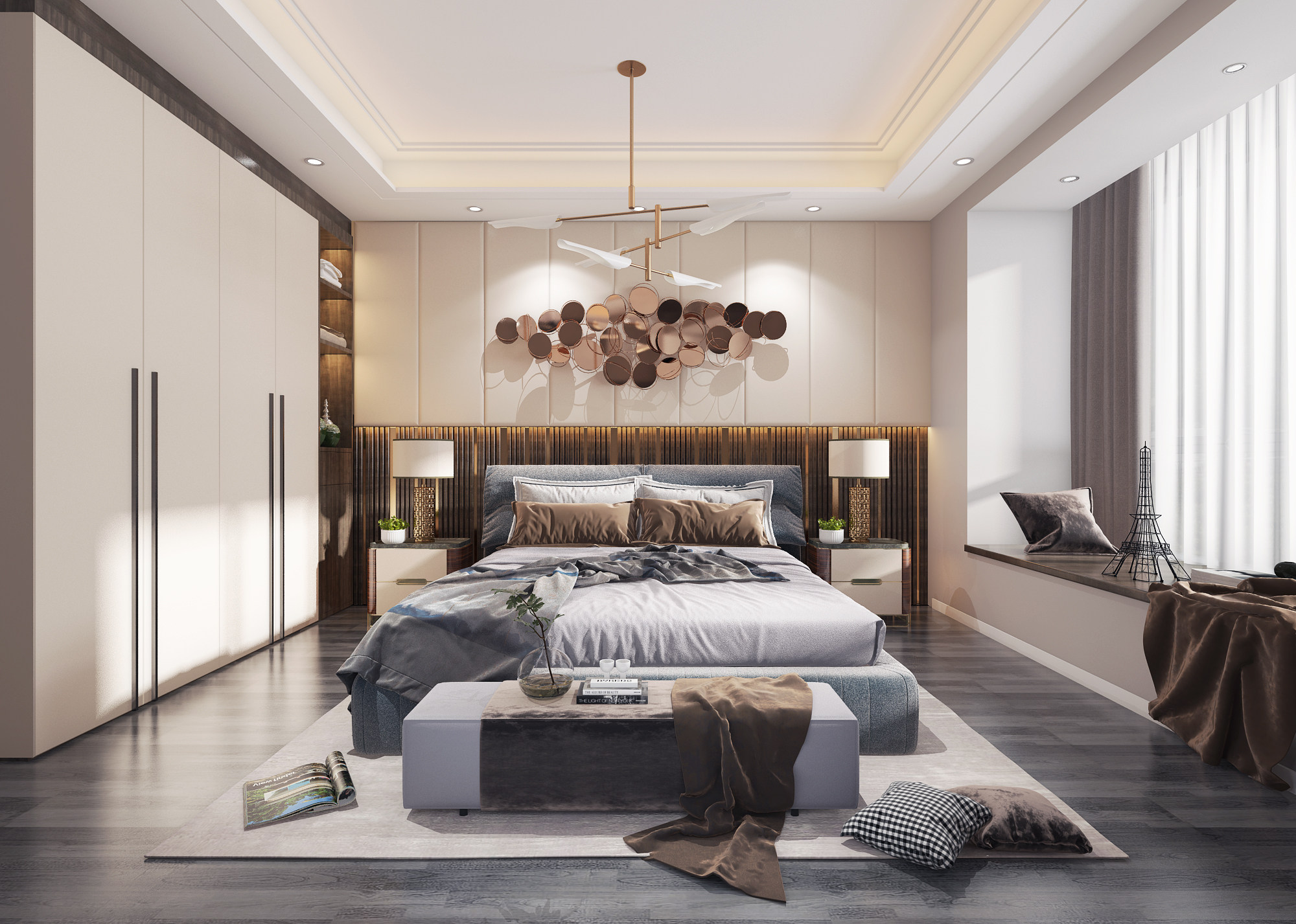 现代轻奢卧室，双人床3d模型下载
