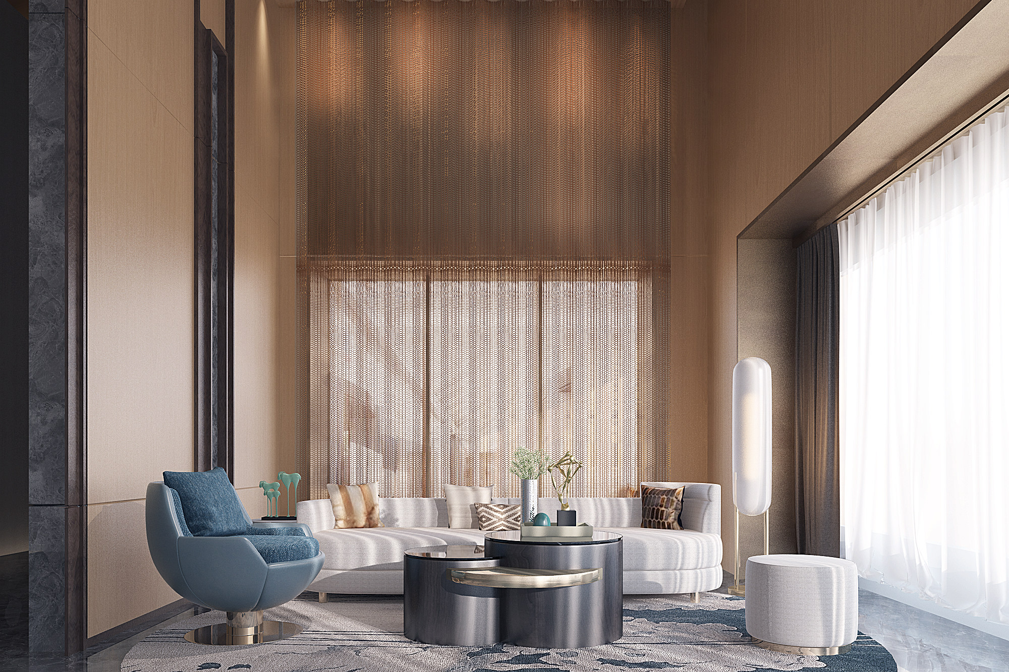 新中式大堂休息区，沙发茶几单人沙发3d模型下载