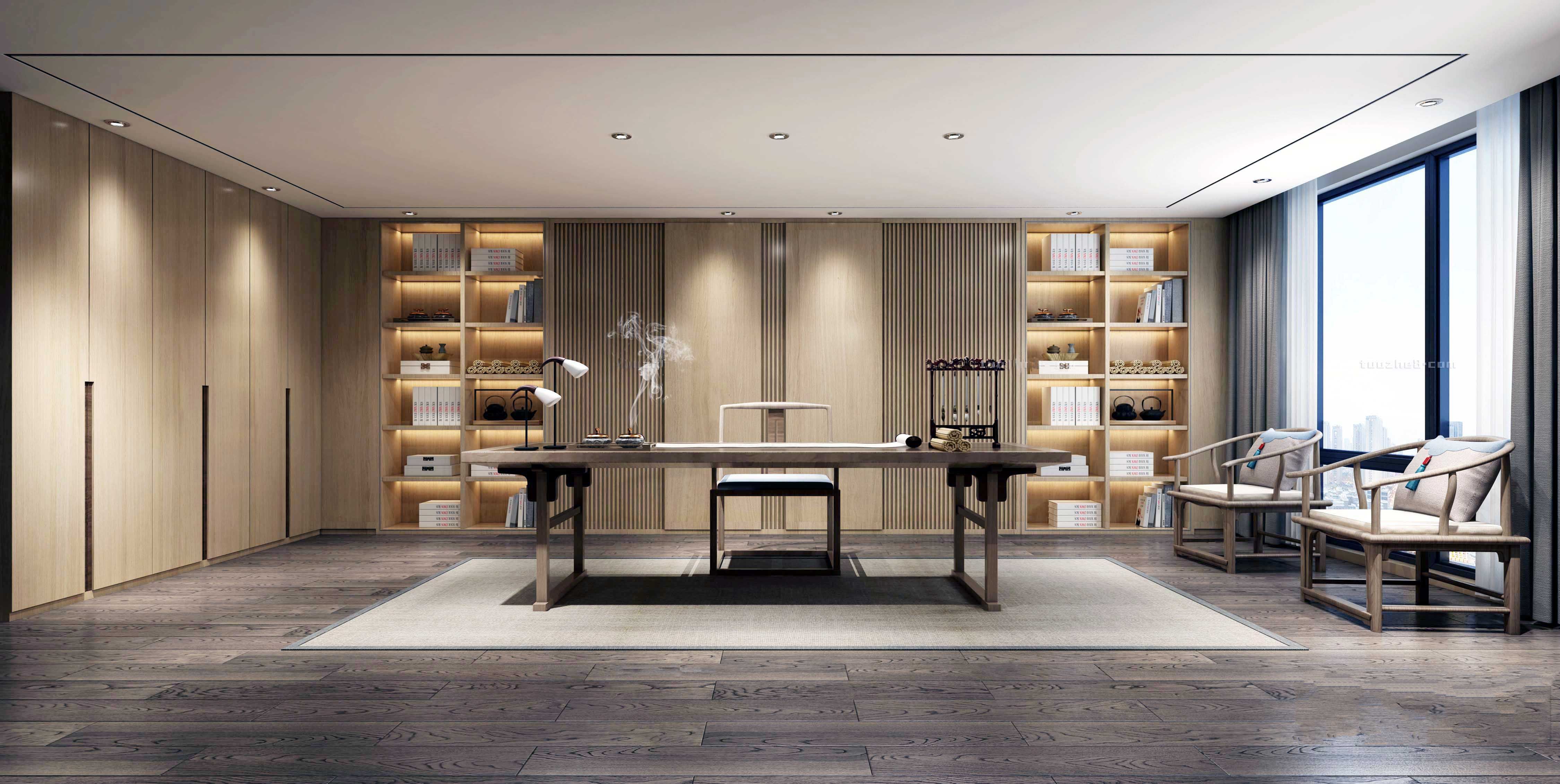 新中式书房，茶室，书桌椅，画案，笔架卷轴画3d模型下载