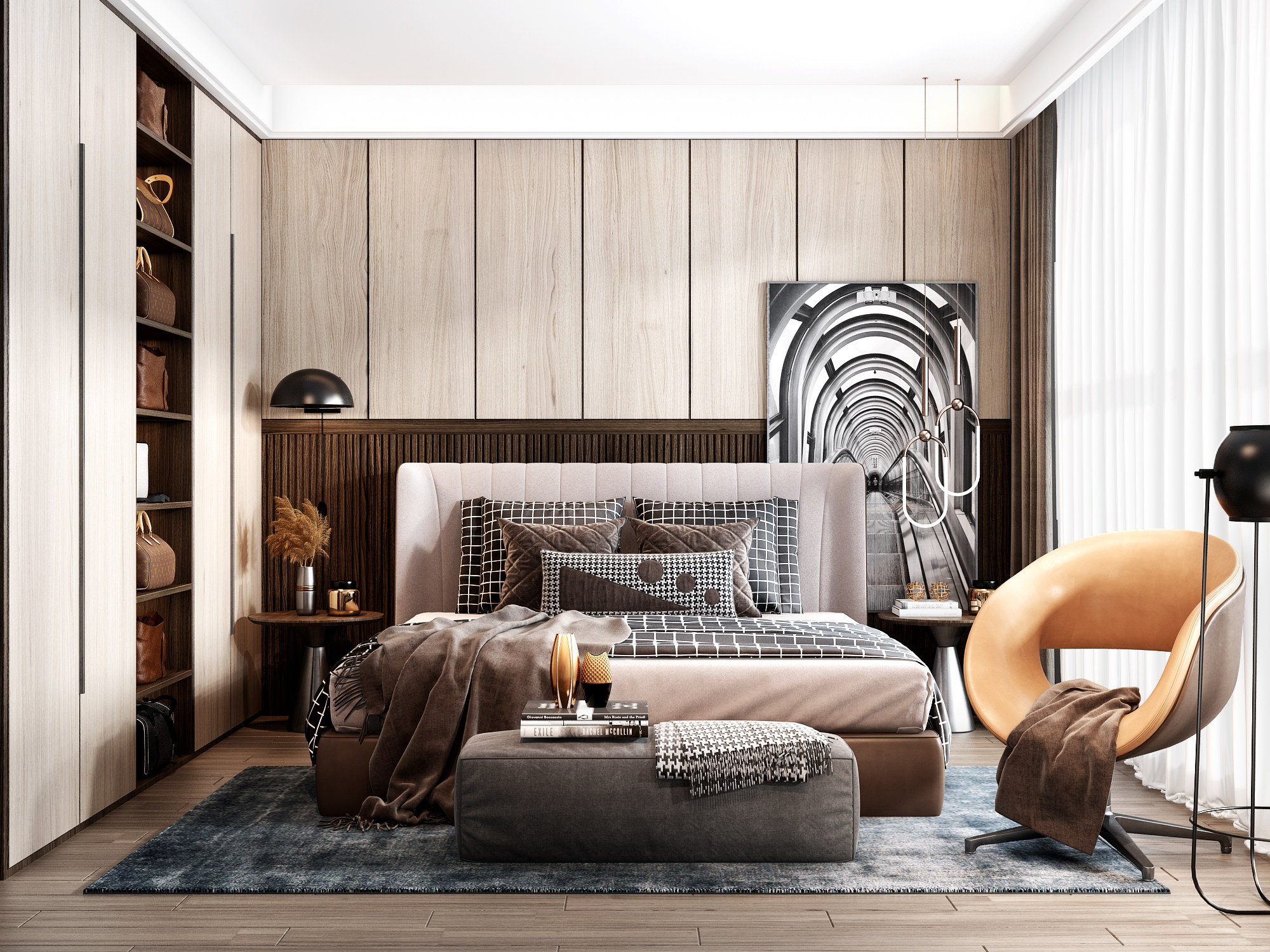 现代轻奢卧室，皮革双人床 3d模型下载